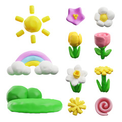 3D plasticine spring flowers, sun rainbow and lawn, vector blossom floral design elements from dough, sculpting creation