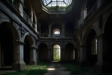 a hauntingly beautiful scene of an abandoned ruin overtaken by nature Generative AI - obrazy, fototapety, plakaty