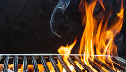 Empty flaming charcoal grill with open fire, ready for product placement. Concept of summer grilling, barbecue, bbq and party. Black copyspace - obrazy, fototapety, plakaty