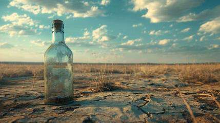 An empty glass bottle on the cracked soil or desert
