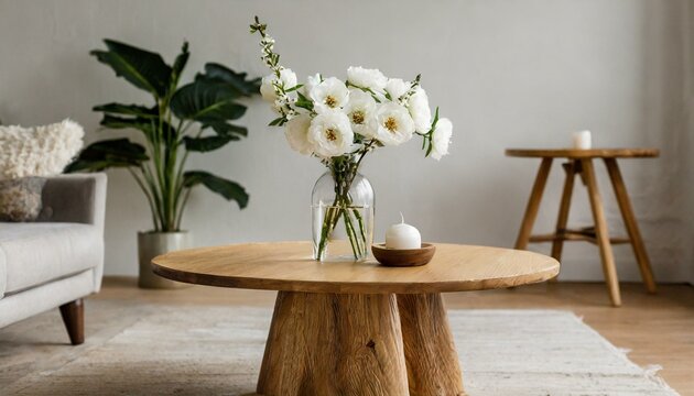 Simplicity Refined: Stylish Scandinavian Interior with Round Wooden Table and Fresh White Flowers"