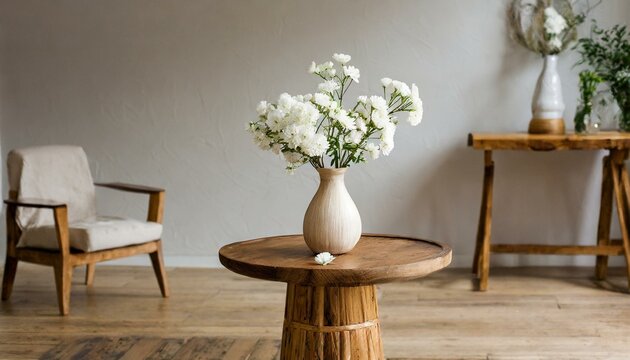 Simplicity Refined: Stylish Scandinavian Interior with Round Wooden Table and Fresh White Flowers"