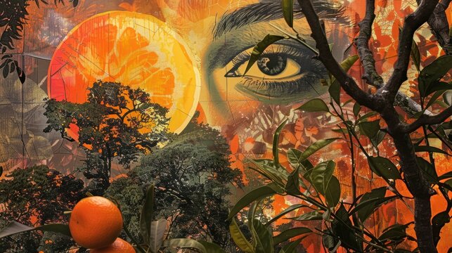An eye peers through a collage of orange trees and fruit.