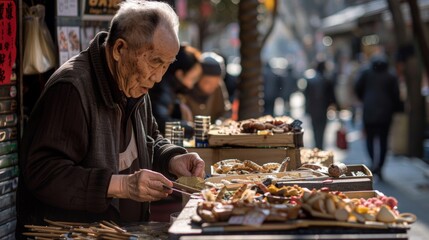 A street vendor passionately crafting their art, completely absorbed in their work, unaware of the camera, showcasing the beauty of everyday dedication.