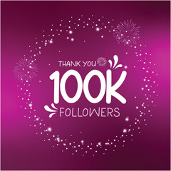100K followers celebration design with white stars and sparkles, thanking subscribers on social media