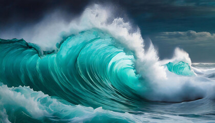 A powerful turquoise wave crashes in a stormy sea under a dark, cloudy sky - obrazy, fototapety, plakaty