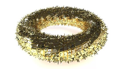 Gold torus with boxes on white back rotate endless 4k - Powered by Adobe