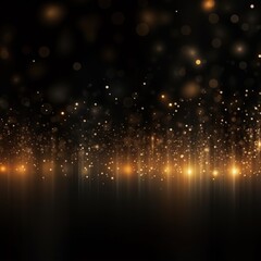 Abstract glowing light gold bokeh on a black background with empty space for product presentation, in the style of vector illustration design 