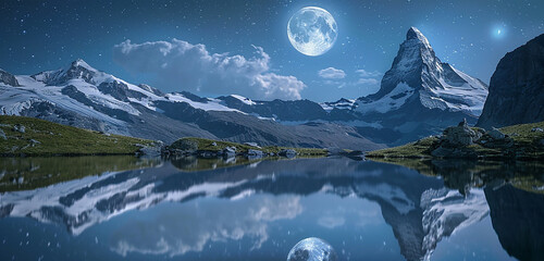 A crystal-clear image of a full moon rising over a tranquil alpine lake. 32k, full ultra hd, high resolution