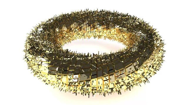 Gold torus with boxes on white back rotate endless 4k