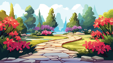 A peaceful garden scene with a stone pathway and bloo - obrazy, fototapety, plakaty