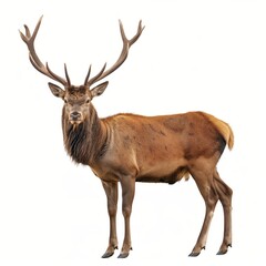 A full view of a solitary elk with impressive antlers against a white background, showcasing wildlife.