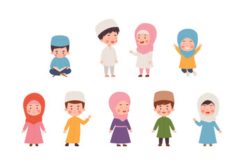Muslim children, set of cartoon vector illustrations isolated on white