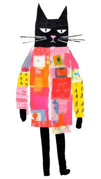 PNG  A fashionable cat collage art painting 