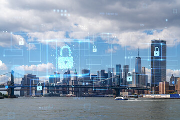 New York Cityscape with digital cybersecurity hologram overlaying the scene. Digital graphic on urban background. Security and technology concept. Double exposure