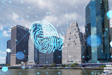 Manhattan skyline with a digital fingerprint hologram overlay representing security and technology concepts. Double exposure