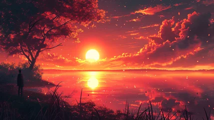 Wandaufkleber Vibrant sunset mirrored in lake, person stand under tree. Boy watching sunset, anime wallpapers © Maksim