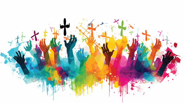 Colorful christian cross with music notes and hands illustration