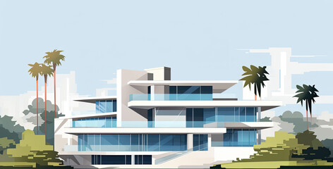 Flat graphics of a modern mansion in high-tech style.