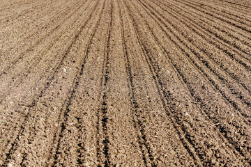 Diminishing abstract view of freshly ploughed agriculture field at farm  on a sunny spring morning. Photo taken April 14th, 2024, Zurich, Switzerland.