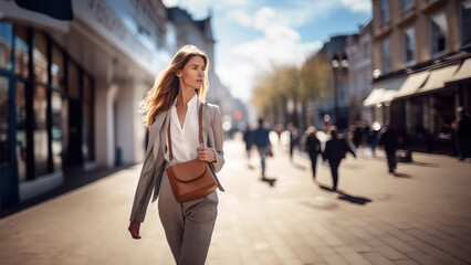 A beautiful woman in a gray trouser suit walks along a sunny city street.