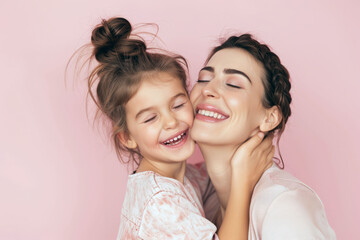 Portrait of a happy mother and little daughter on a pink background. AI generated