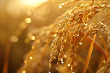 golden ear of rice getting ripe on paddy rice field