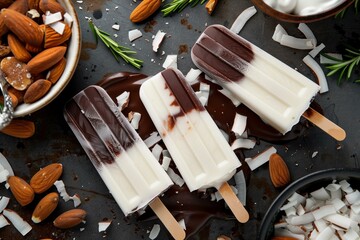 Dairy free coconut milk popsicles dipped in dark chocolate and almonds, presented in an eco friendly, minimalist setting, catering to the growing demand for plant based and allergen free options