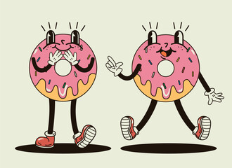 Cute and funny sweet donut characters in a groovy style vector illustration