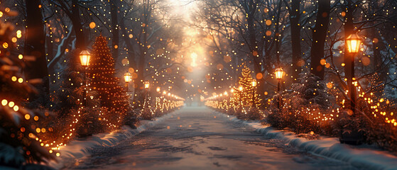 Park alley decorated for Christmas on the blurry background of a snow-covered forest on a sunny...