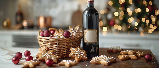 Still life with wine. Wicker basket with wine and gingerbread decorated for Christmas on the kitchen counter on the blurred background of a modern bright kitchen on a sunny day. Christmas. Christmas d