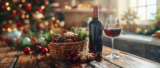 Red wine in a vineyard. Wicker basket with wine and gingerbread decorated for Christmas on the kitchen counter on the blurred background of a modern bright kitchen on a sunny day. Christmas. Christmas