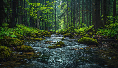 Stream in the forest, beautiful view. Created with Ai - obrazy, fototapety, plakaty