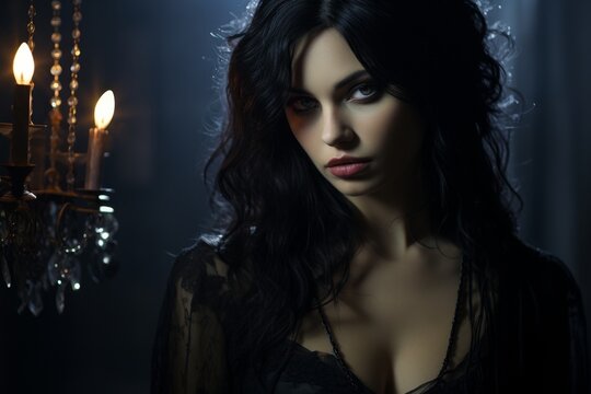 Mysterious woman in a dark, candlelit room