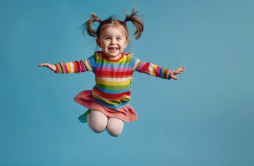 A little girl in striped colorful dress with pigtails hair jumping up and smiling on blue background