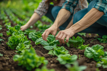 Farmers planting crops in green field