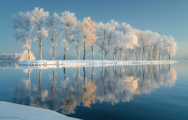 In the winter, trees on an island in Lake I provided spectators in Leningrad with a perfect reflection of water and sky, with a row of white snowcovered birches along its shore. Created with Ai