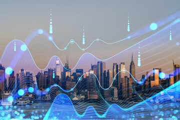 Futuristic New York cityscape with abstract technology hologram and wave pattern overlay. Digital and city concept on dusk background. Double exposure