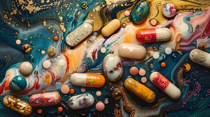 Pharmaceutical Journey: A Mixed Media Art of Life-changing Treatments and Therapies - obrazy, fototapety, plakaty