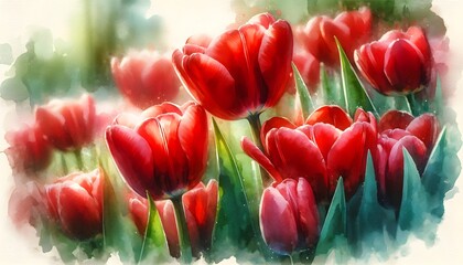Blooming field of red tulips in watercolor painting style. Digital painted art for background, card, postcard, wall art, clip art or craft.