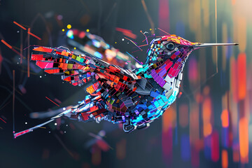 Illustrate a robotic hummingbird mid-flight, its abstract wings shimmering with iridescent colors, captured from above with a dramatic tilted angle Render using pixel art technique - obrazy, fototapety, plakaty