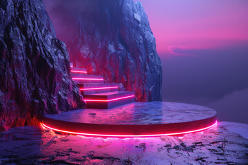 Round stage, in the middle of a cliff with stairs, red neon lights around it, purple foggy sky. Created with Ai - obrazy, fototapety, plakaty