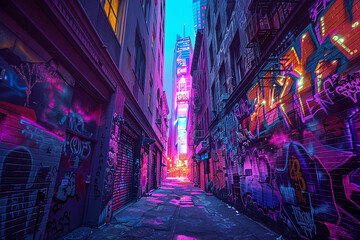 A deserted alleyway in a neon city, the walls adorned with glowing graffiti and neon art...