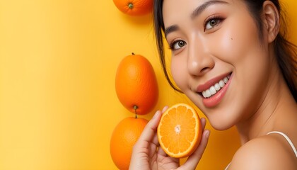 Radiant Skin: Smiling Asian Woman with Natural Makeup and Glowing Complexion. Embracing Vitamin C...