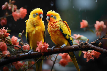 Joyful parakeets perched on branches in a garden, their vibrant colors and lively presence preserved in a realistic HD image. - obrazy, fototapety, plakaty