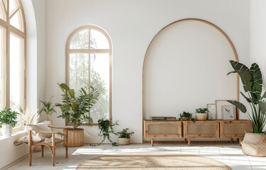 A living room with white walls, wooden furniture and an arched window. The wall is empty for mockups or advertising text, creating a minimalist design with light wood tones and natural lighting