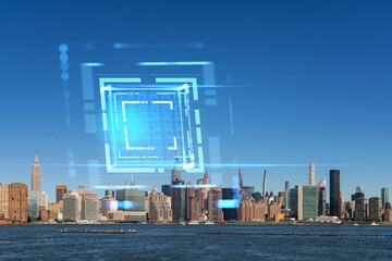 New York City skyline with futuristic holographic overlay. Double exposure. Photo manipulation, cityscape with technology concept