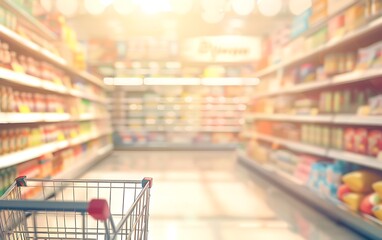Blurred background of supermarket shelves with a shopping cart in the foreground