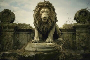 In the ruins of an ancient temple, the horror lion sits atop a weathered stone pedestal, its mane flowing unnaturally as if stirred by an unseen force. - obrazy, fototapety, plakaty