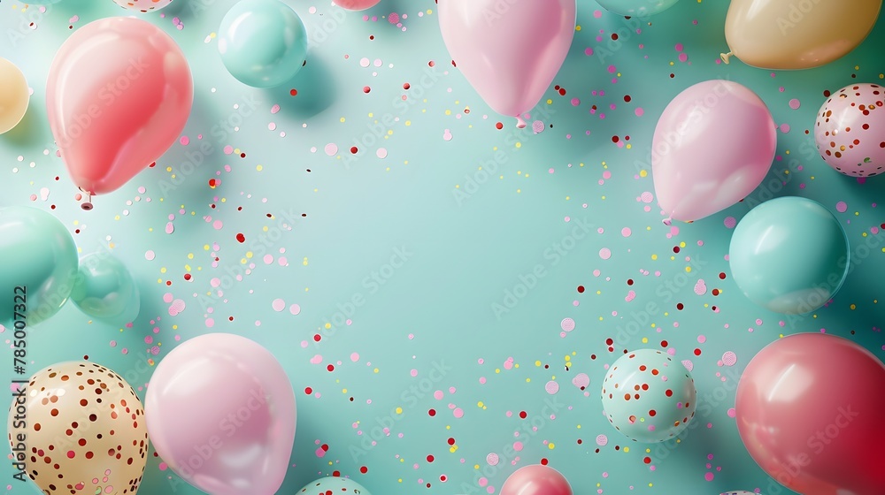 Wall mural Festive Birthday Celebration with Balloons and Confetti, Green Pastel Background, Chaotic Elegance